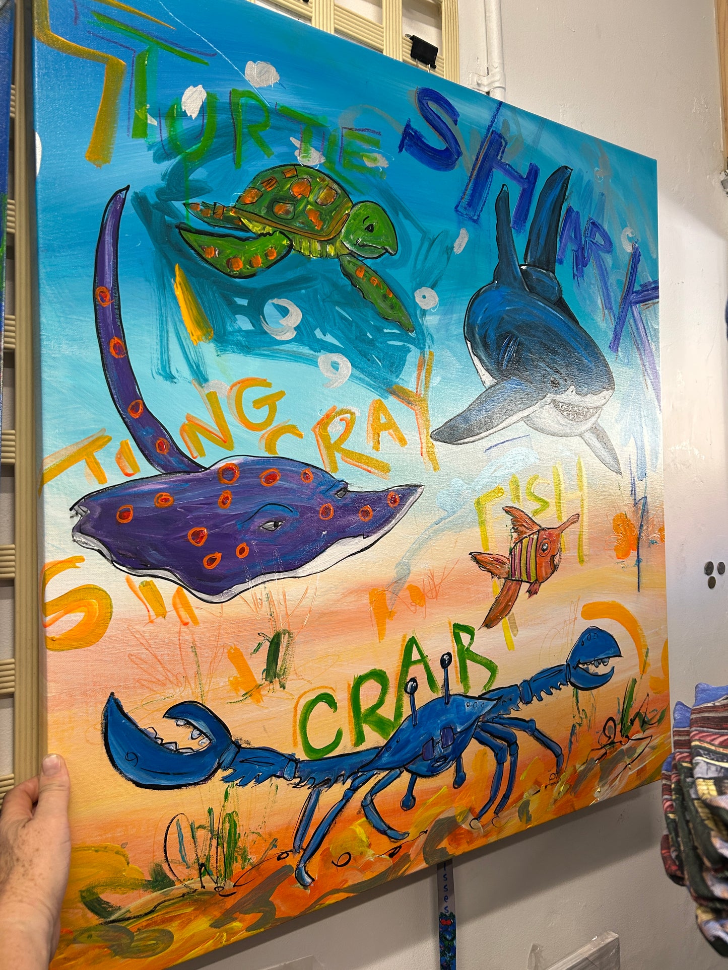 Shark, stingray, crab, fish, turtle